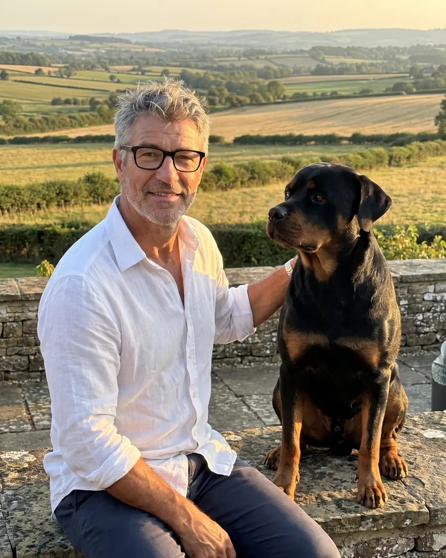 Richard Sterling sitting on a stone wall with Rufus, fields behind